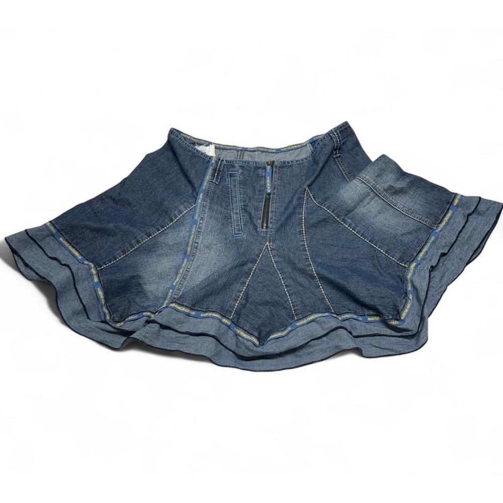Marithe Francois Girbaud Denim Mini Skirt Blue Logo Tape Ruffle Hem Size 30